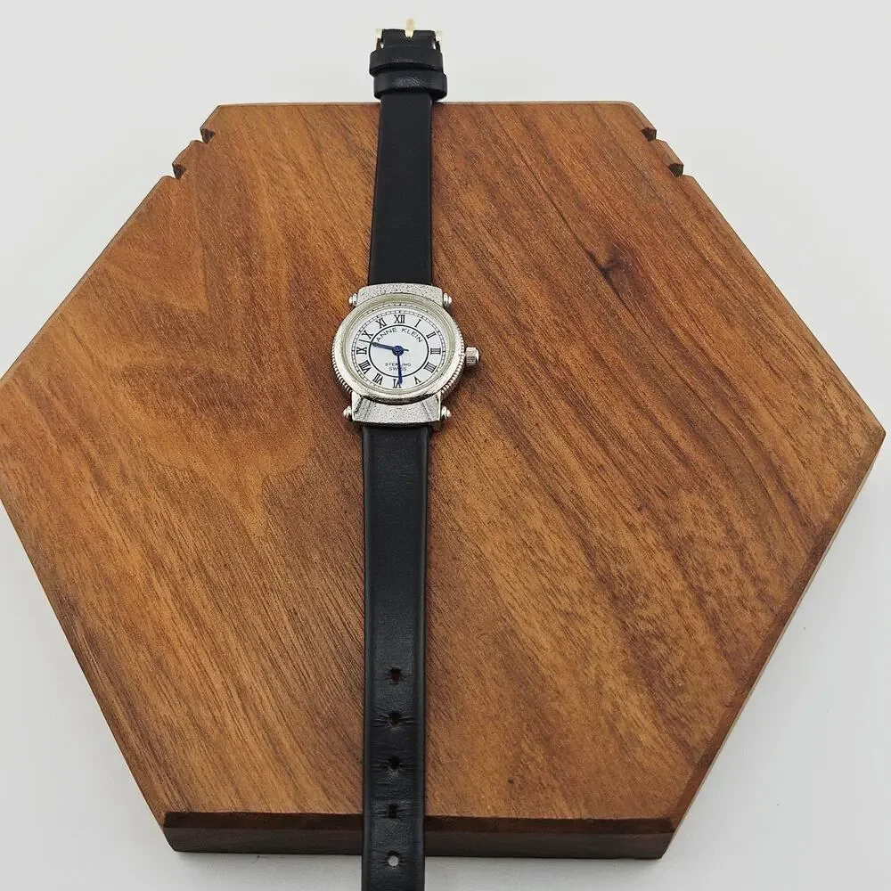 Anne Klein Silver Tone Roman Numeral Watch Black Leather Classy Sophisticated